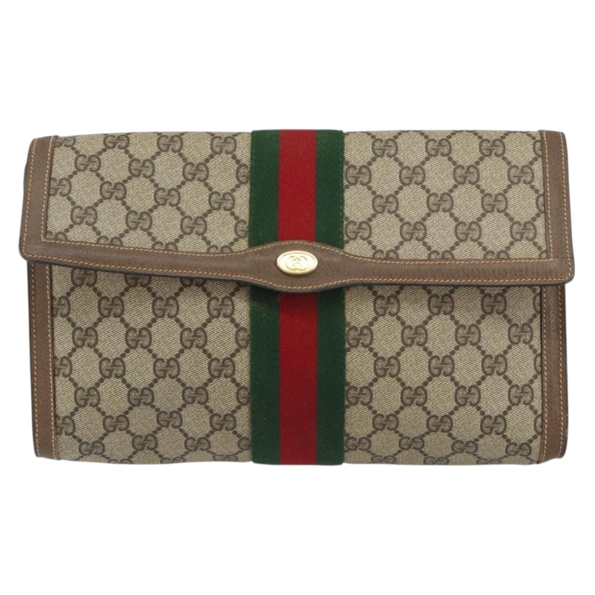 GUCCI GG Supreme Web Sherry Line Clutch Bag PVC Beige Red 89 01 007 Auth BA8613
