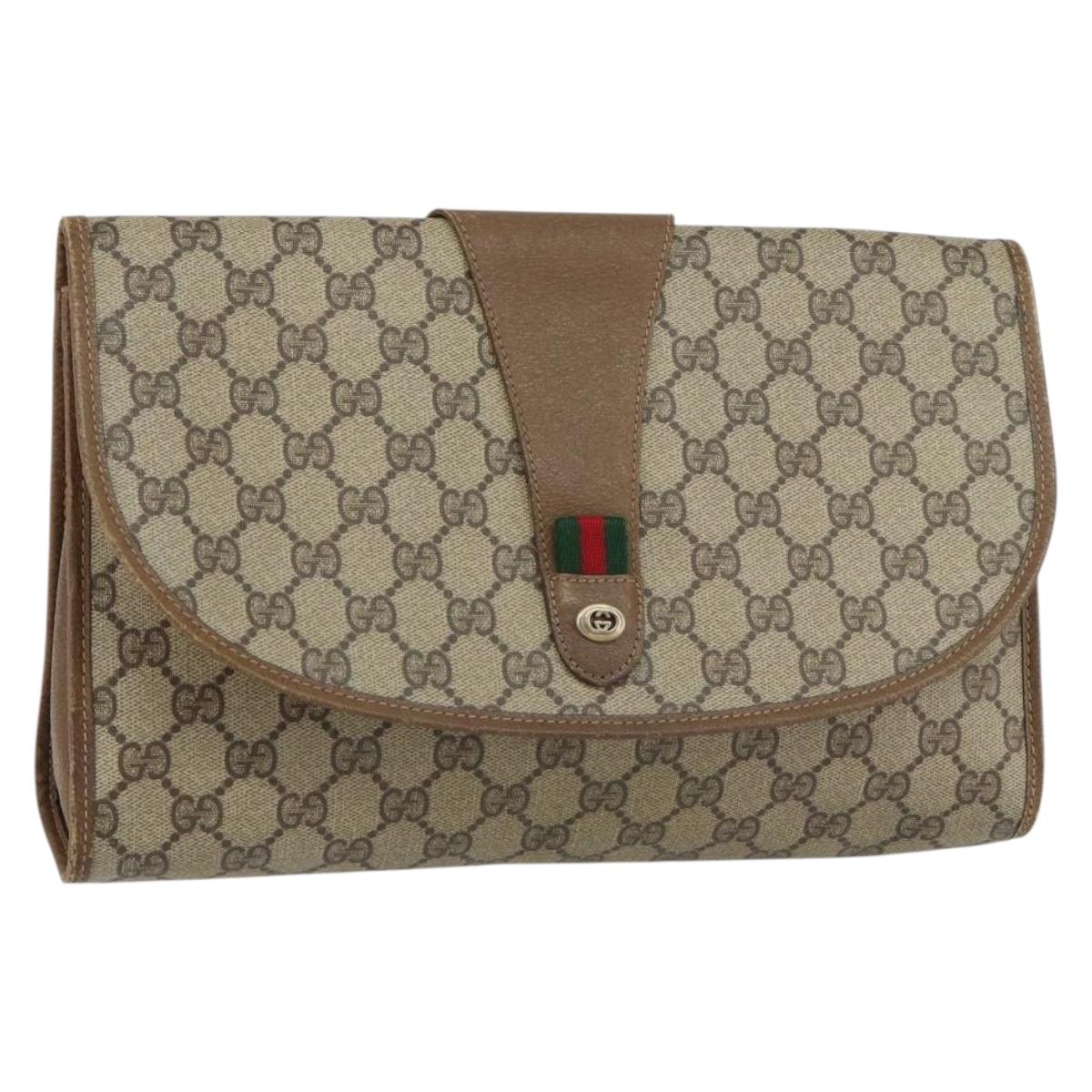 GUCCI GG Supreme Web Sherry Line Clutch Bag PVC Beige Red Auth BA8622
