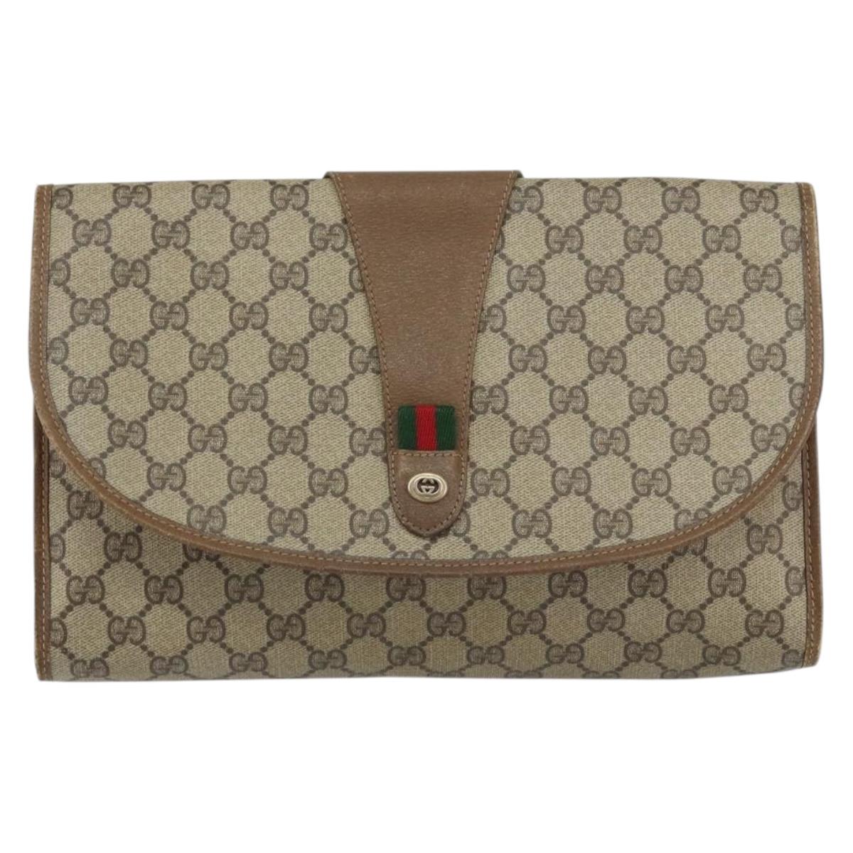 GUCCI GG Supreme Web Sherry Line Clutch Bag PVC Beige Red Auth BA8622