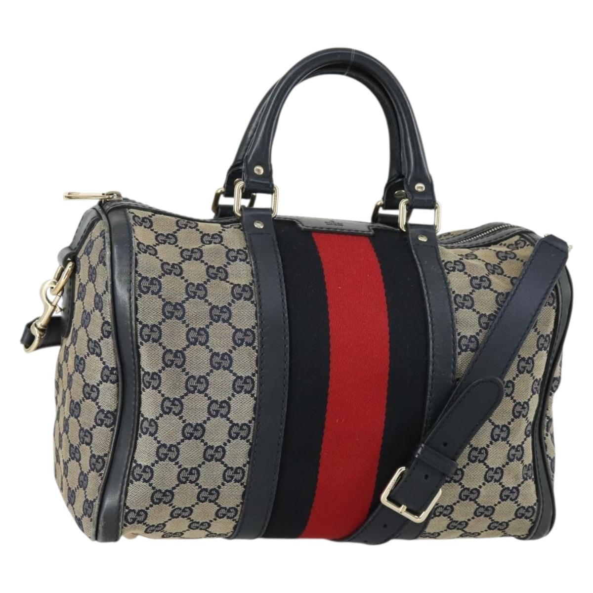 GUCCI GG Canvas Sherry Line Boston Bag 2way Navy Gold 247205 Auth BA8634