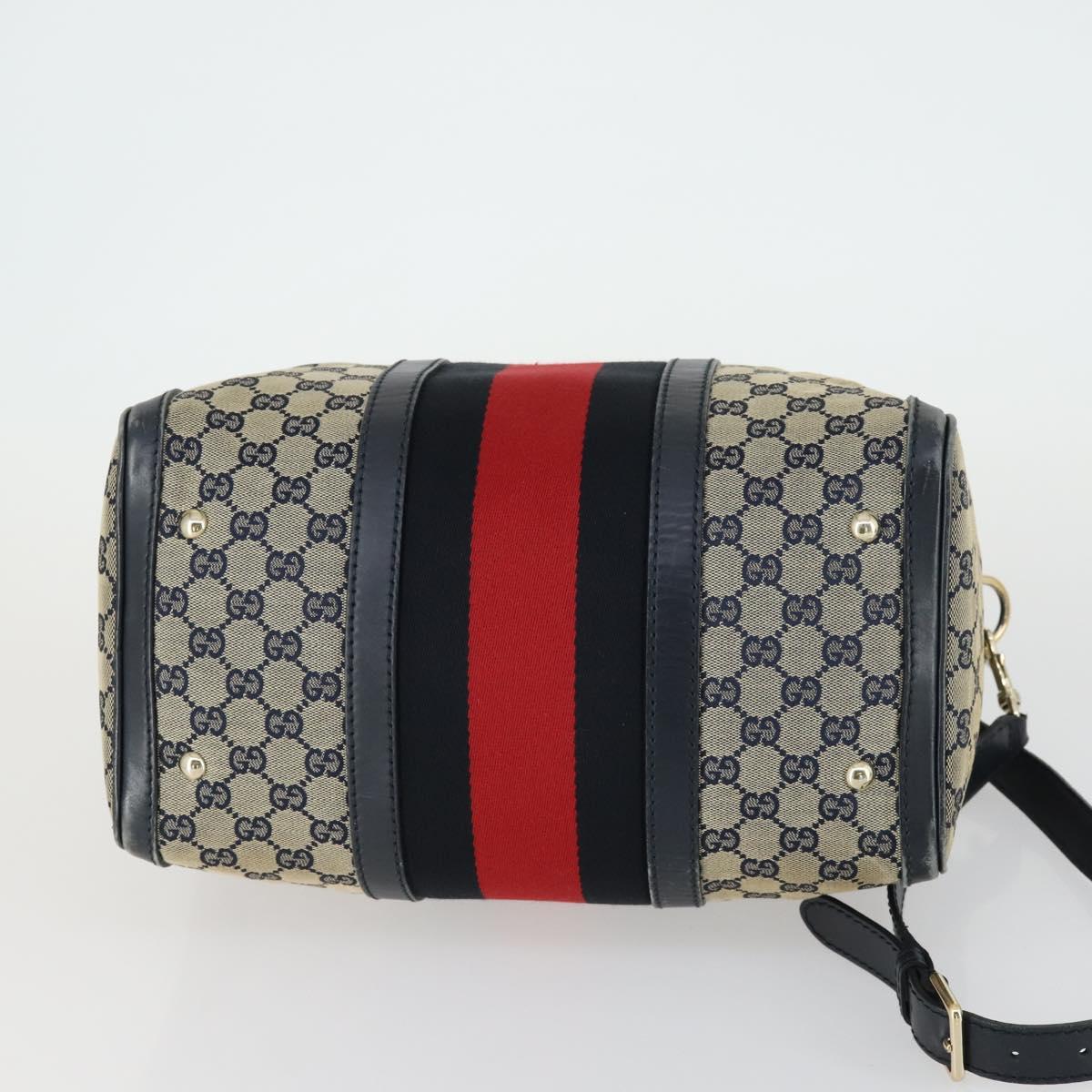GUCCI GG Canvas Sherry Line Boston Bag 2way Navy Gold 247205 Auth BA8634