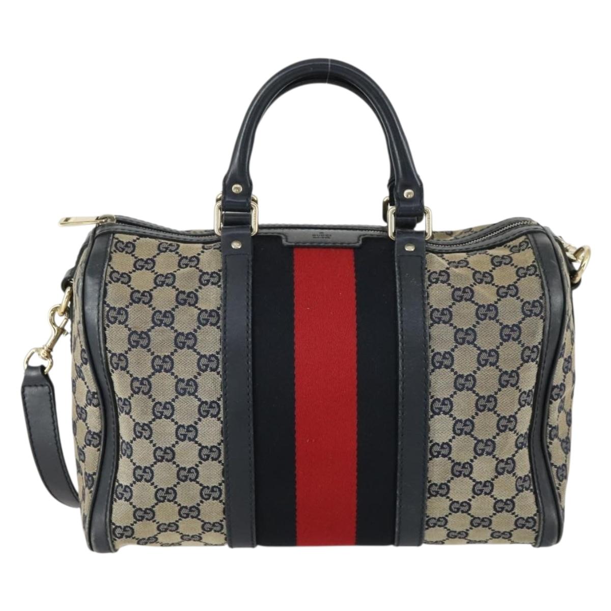 GUCCI GG Canvas Sherry Line Boston Bag 2way Navy Gold 247205 Auth BA8634