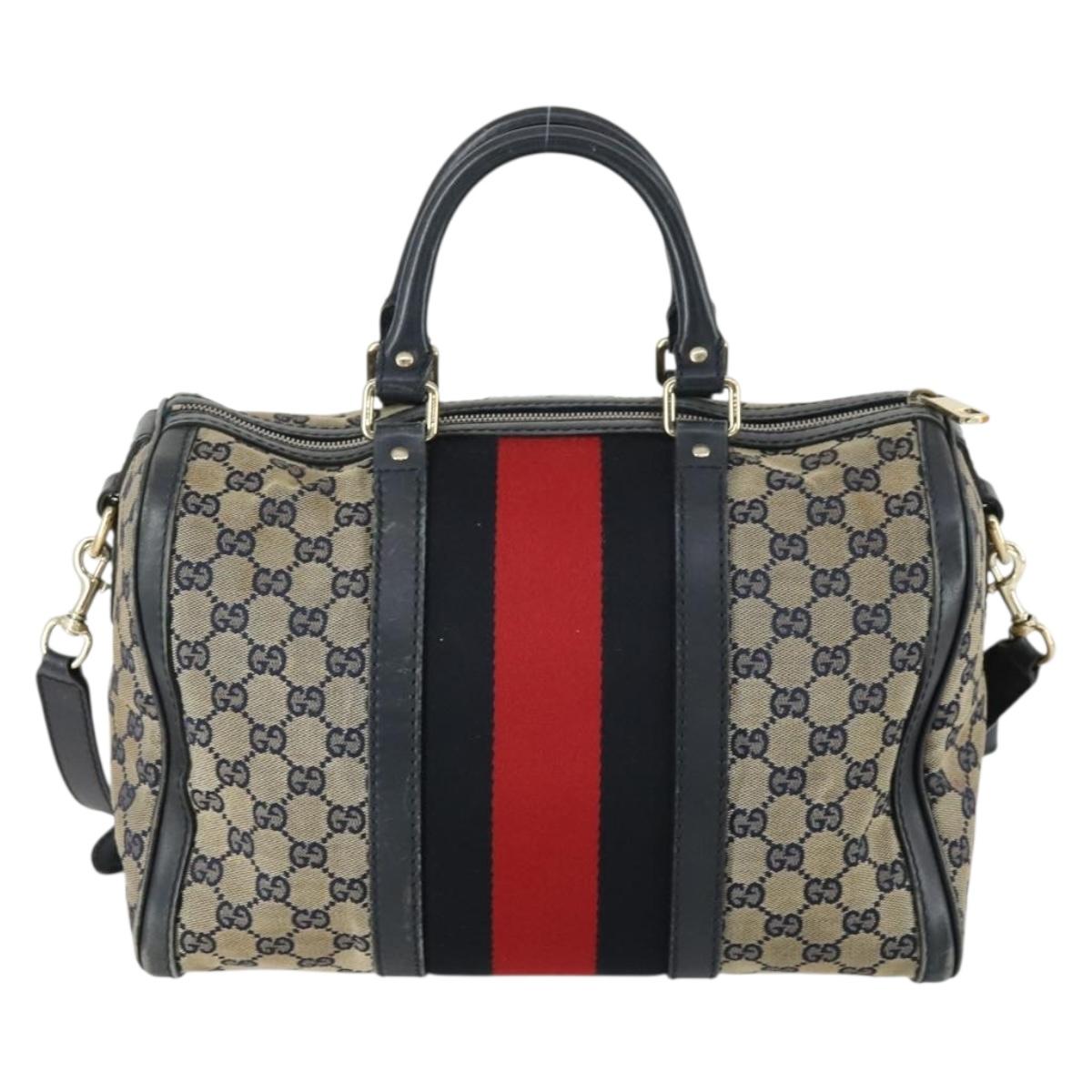 GUCCI GG Canvas Sherry Line Boston Bag 2way Navy Gold 247205 Auth BA8634