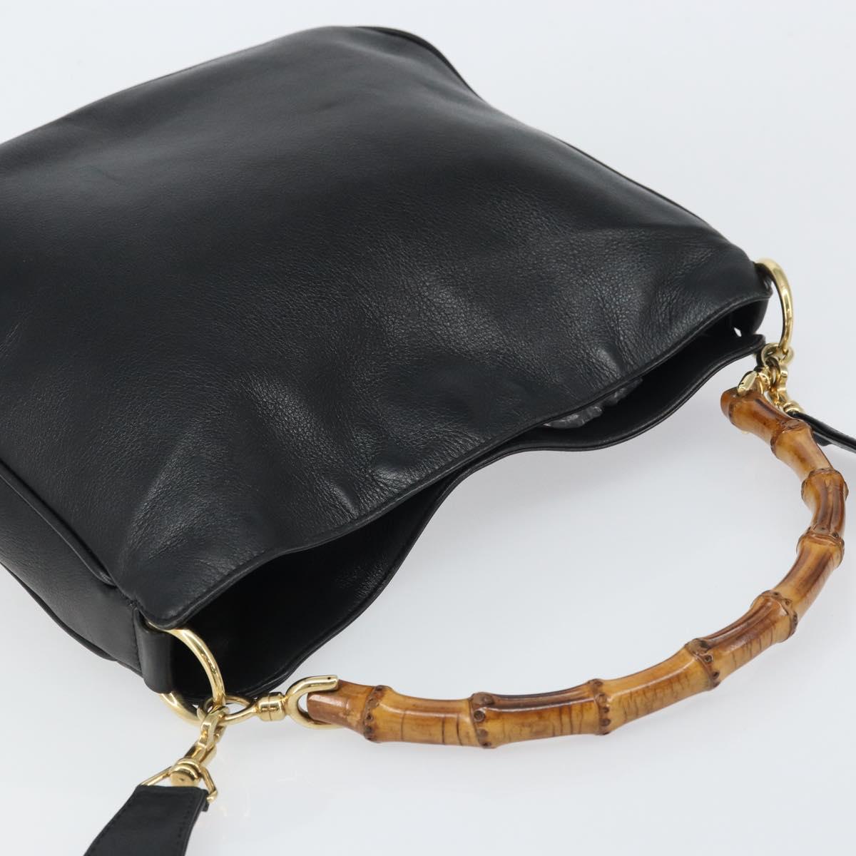 GUCCI Bamboo Hand Bag Leather 2way Black Gold 001 1998 1638 Auth BA8637