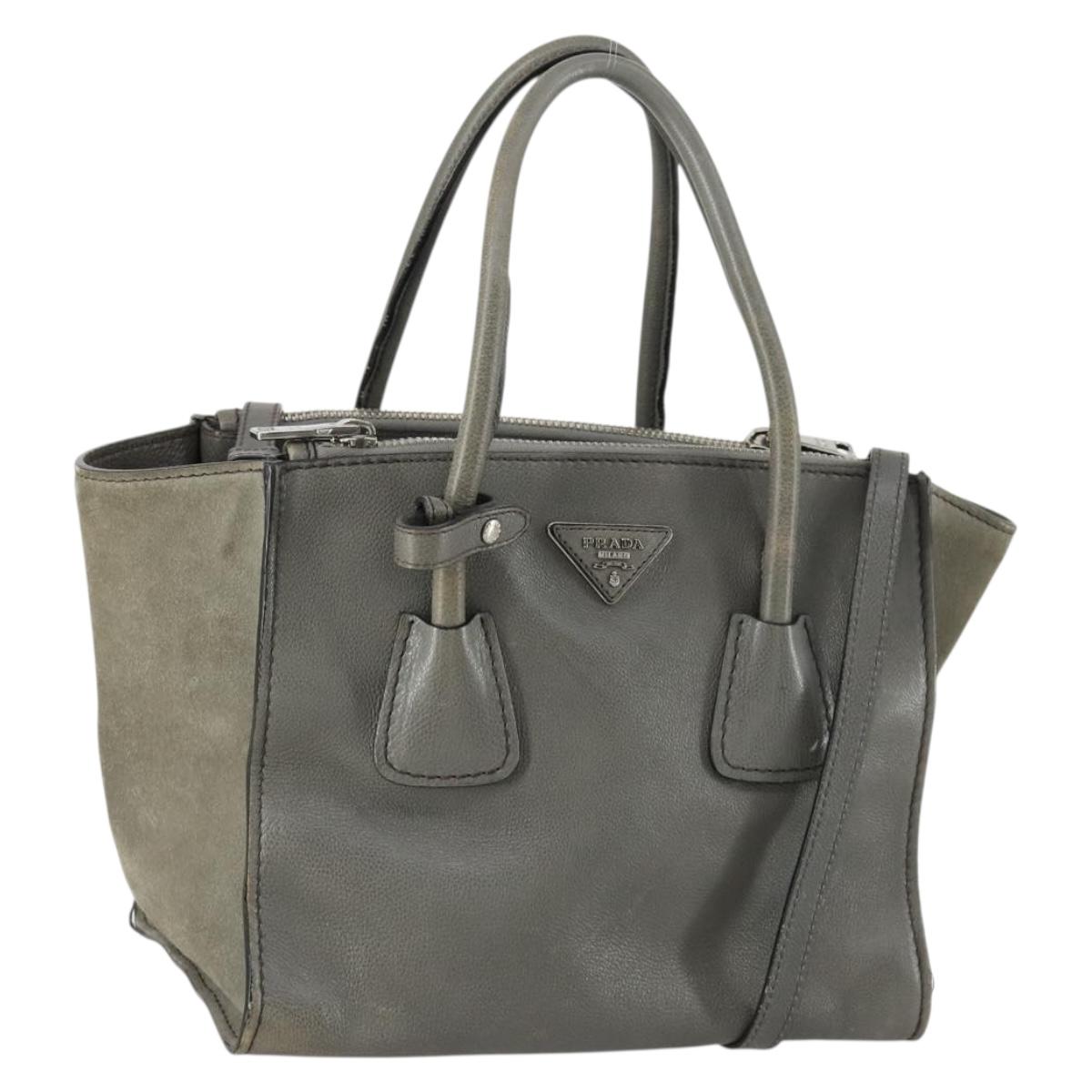 PRADA Studs Hand Bag Suede Leather 2way Gray Silver Auth BA8646