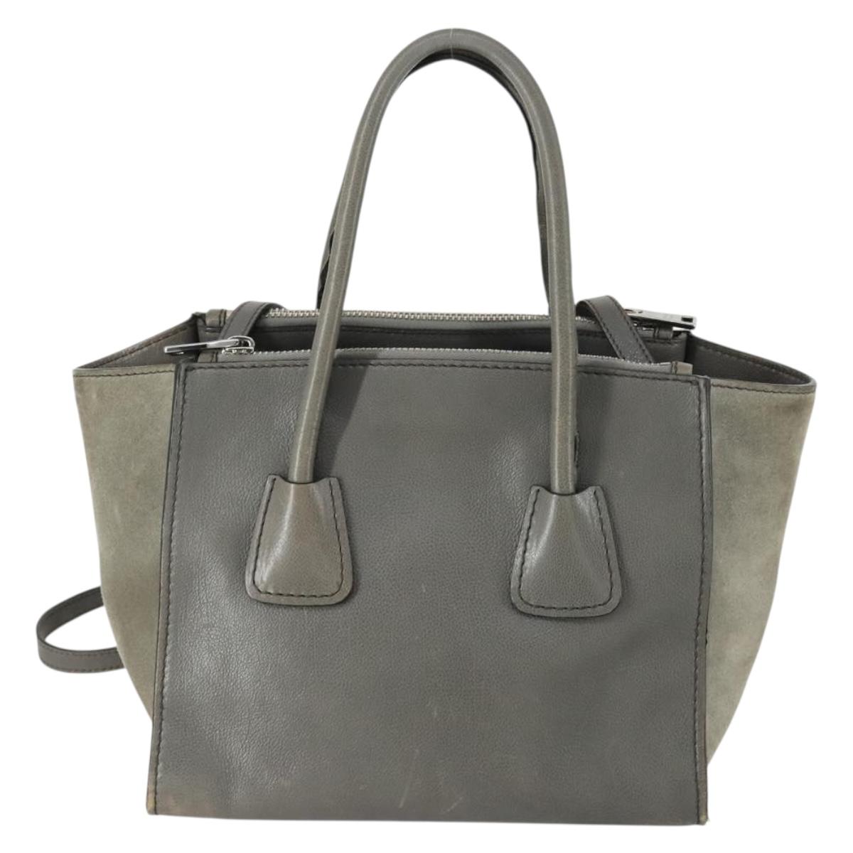 PRADA Studs Hand Bag Suede Leather 2way Gray Silver Auth BA8646
