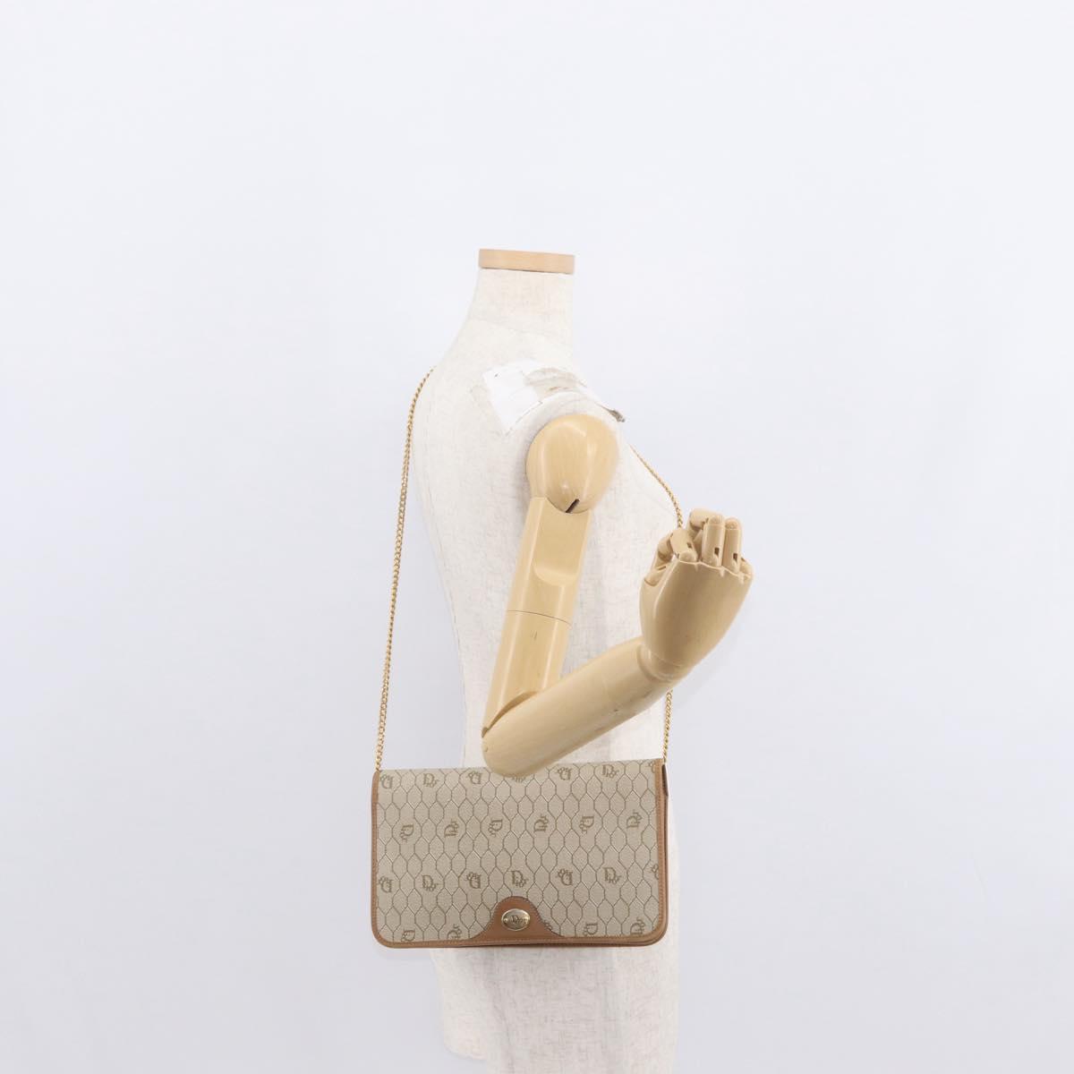 Christian Dior Trotter Canvas Chain Shoulder Bag Beige Gold Auth BA8648