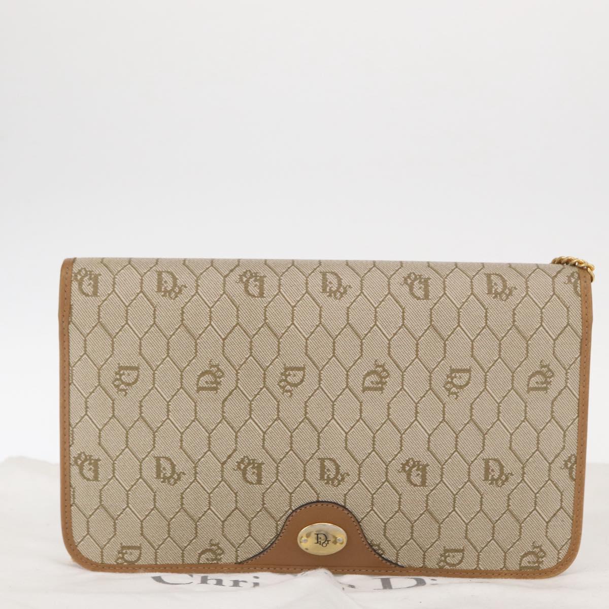 Christian Dior Trotter Canvas Chain Shoulder Bag Beige Gold Auth BA8648