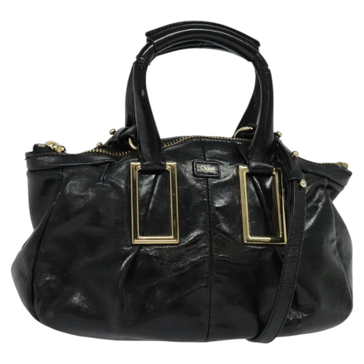 Chloe Etel Hand Bag Leather 2way Black Gold Auth BA865