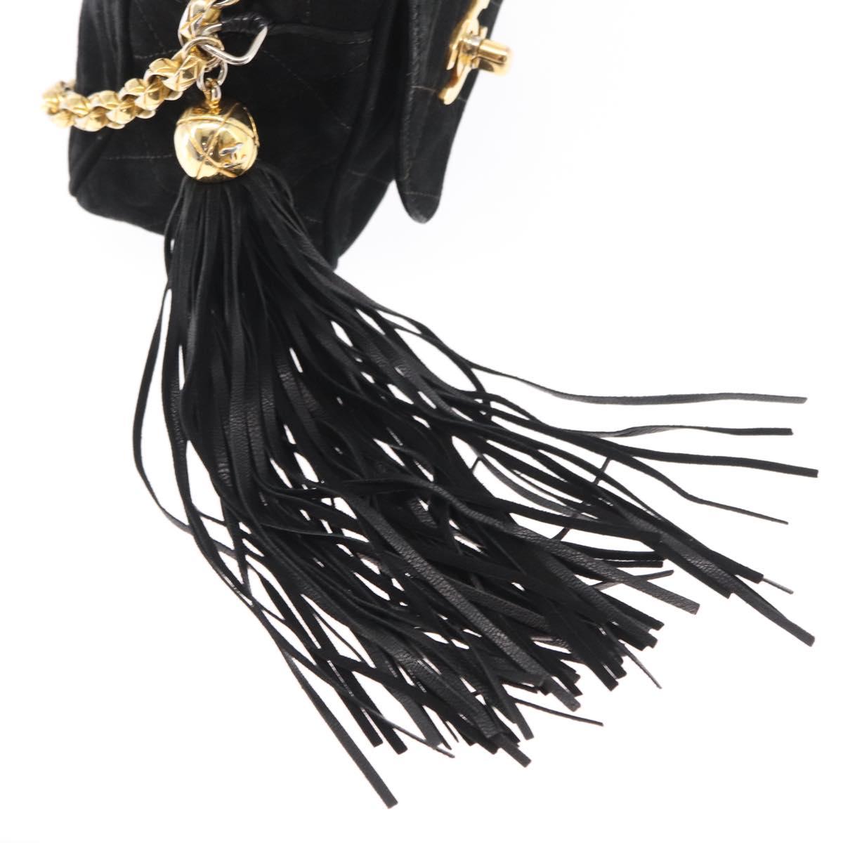 CHANEL Matelasse Fringe Chain Shoulder Bag Suede Black gold CC Auth BA8656