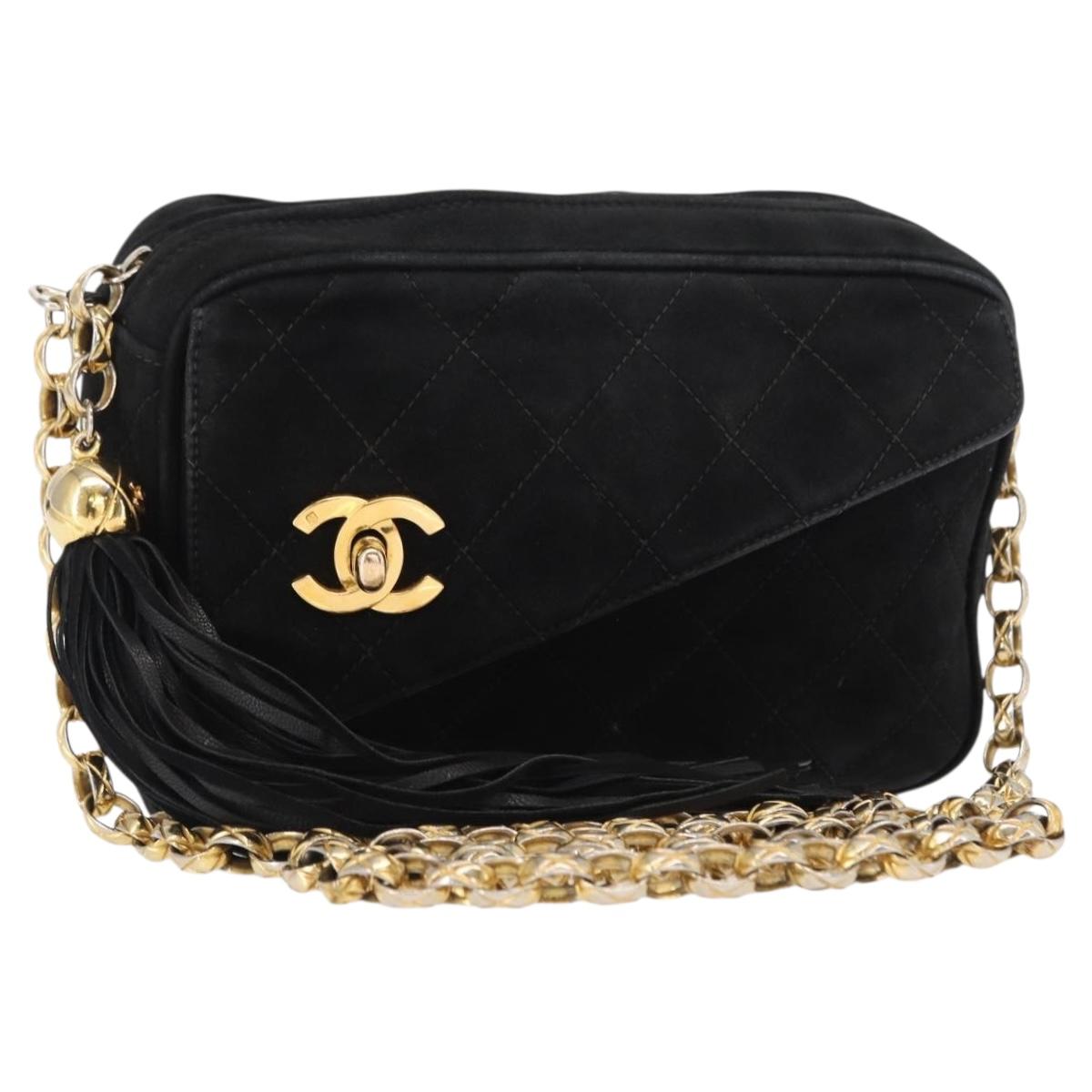 CHANEL Matelasse Fringe Chain Shoulder Bag Suede Black gold CC Auth BA8656