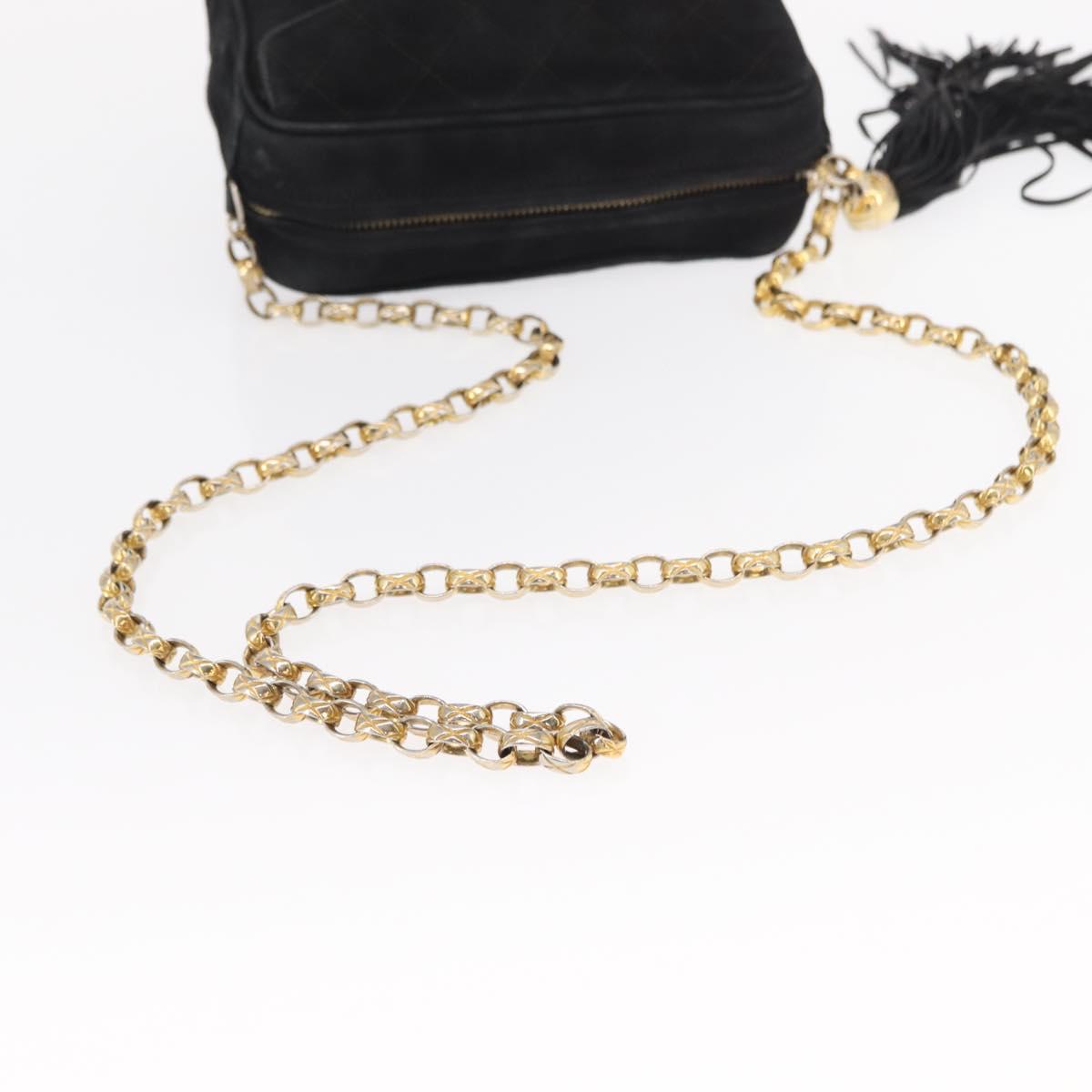 CHANEL Matelasse Fringe Chain Shoulder Bag Suede Black gold CC Auth BA8656