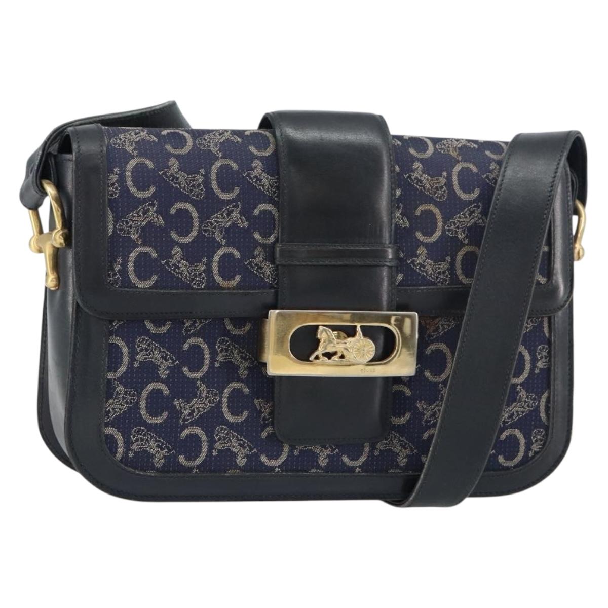 CELINE C Sulky Shoulder Bag Canvas Navy Gold Auth BA8677
