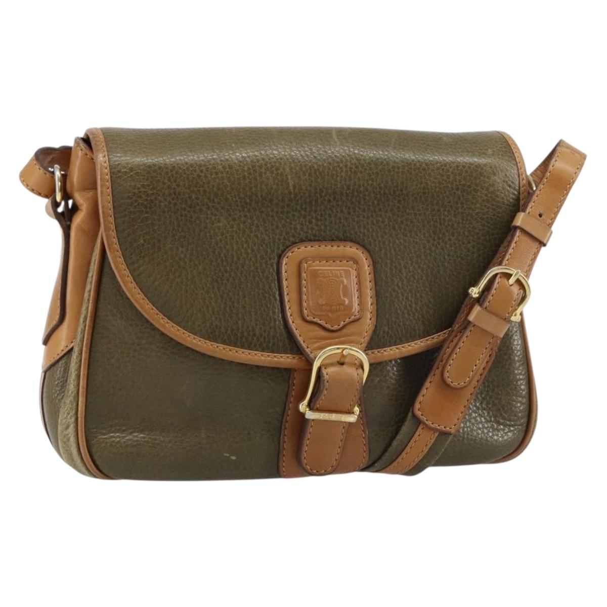 CELINE Shoulder Bag Leather Khaki Gold Auth BA8678