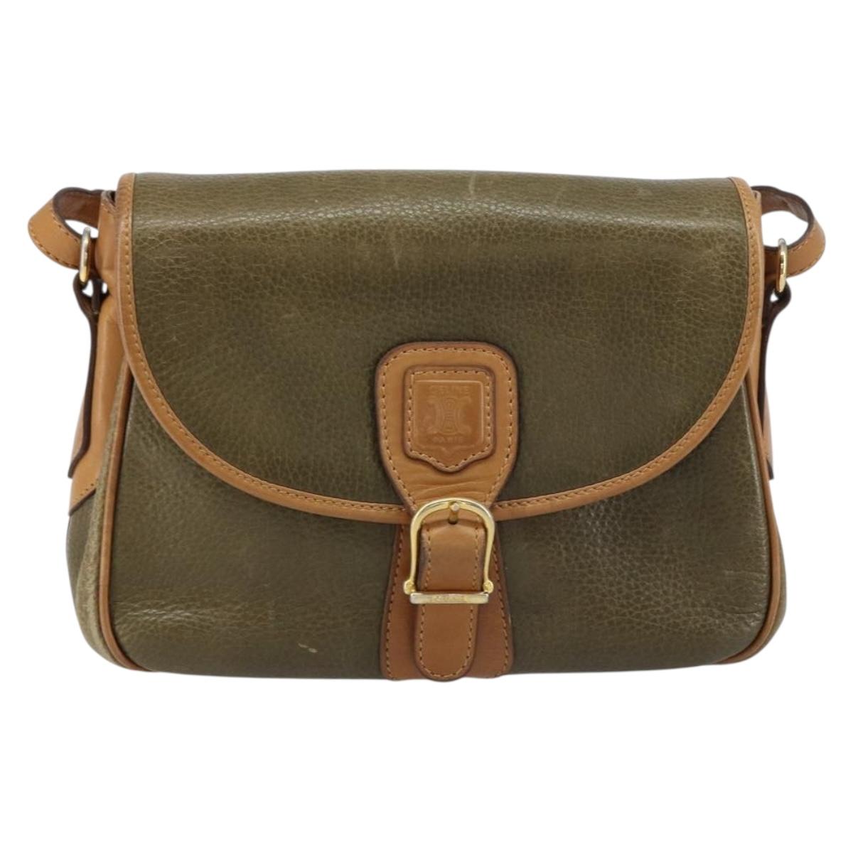 CELINE Shoulder Bag Leather Khaki Gold Auth BA8678