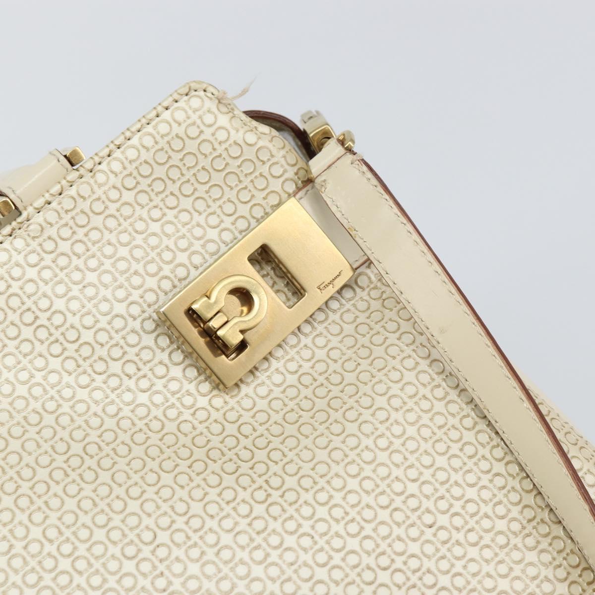 Salvatore Ferragamo Gancini Hand Bag Leather 2way White Gold Auth BA8684
