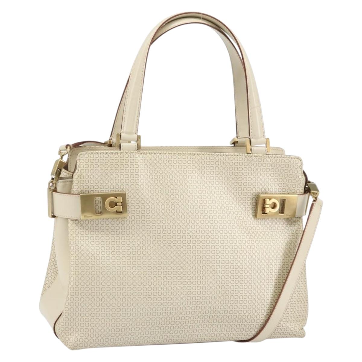 Salvatore Ferragamo Gancini Hand Bag Leather 2way White Gold Auth BA8684