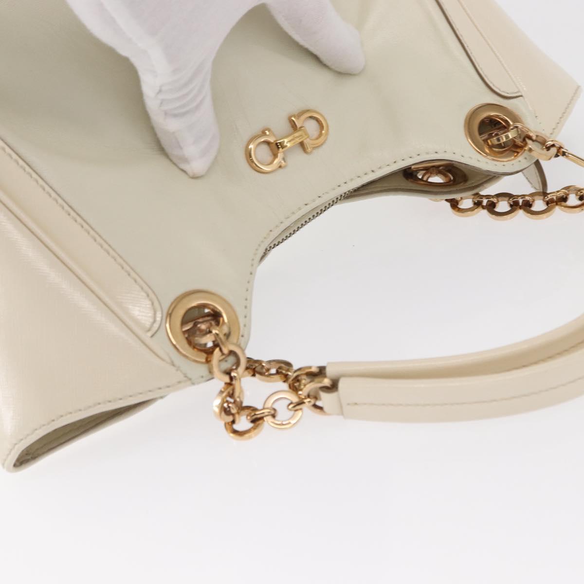 Salvatore Ferragamo Gancini Chain Hand Bag Leather White Gold Auth BA8685