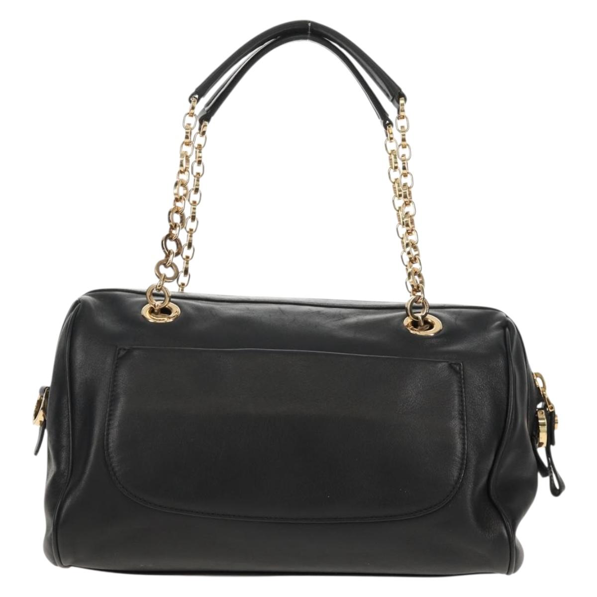 Salvatore Ferragamo Gancini Chain Hand Bag Leather Black Gold Auth BA8686V