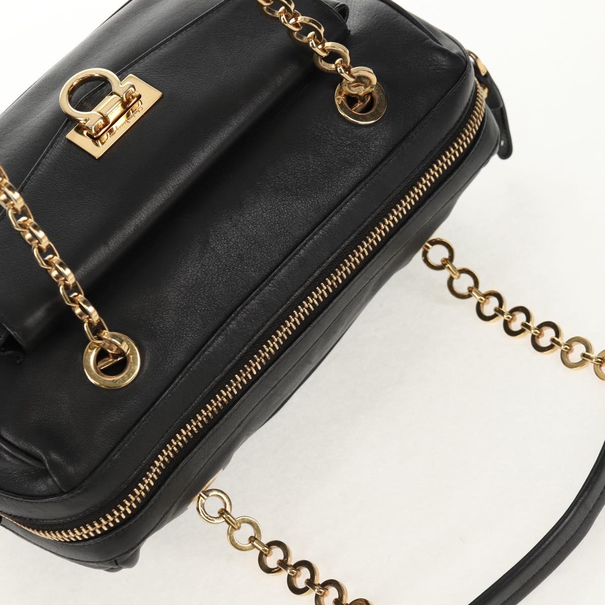 Salvatore Ferragamo Gancini Chain Hand Bag Leather Black Gold Auth BA8686V