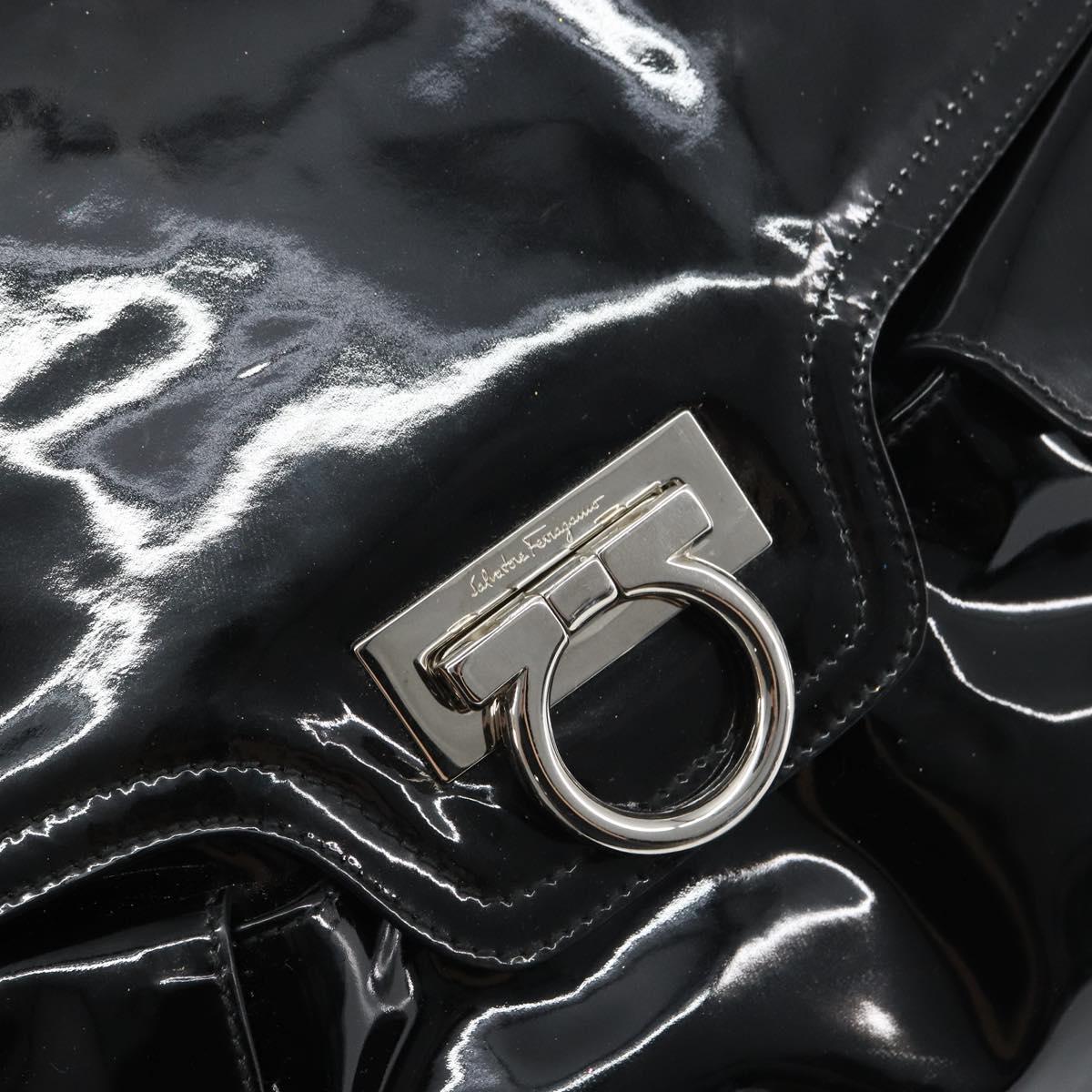 Salvatore Ferragamo Gancini Shoulder Bag Enamel Black Silver Auth BA8687