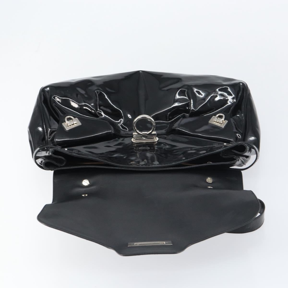 Salvatore Ferragamo Gancini Shoulder Bag Enamel Black Silver Auth BA8687