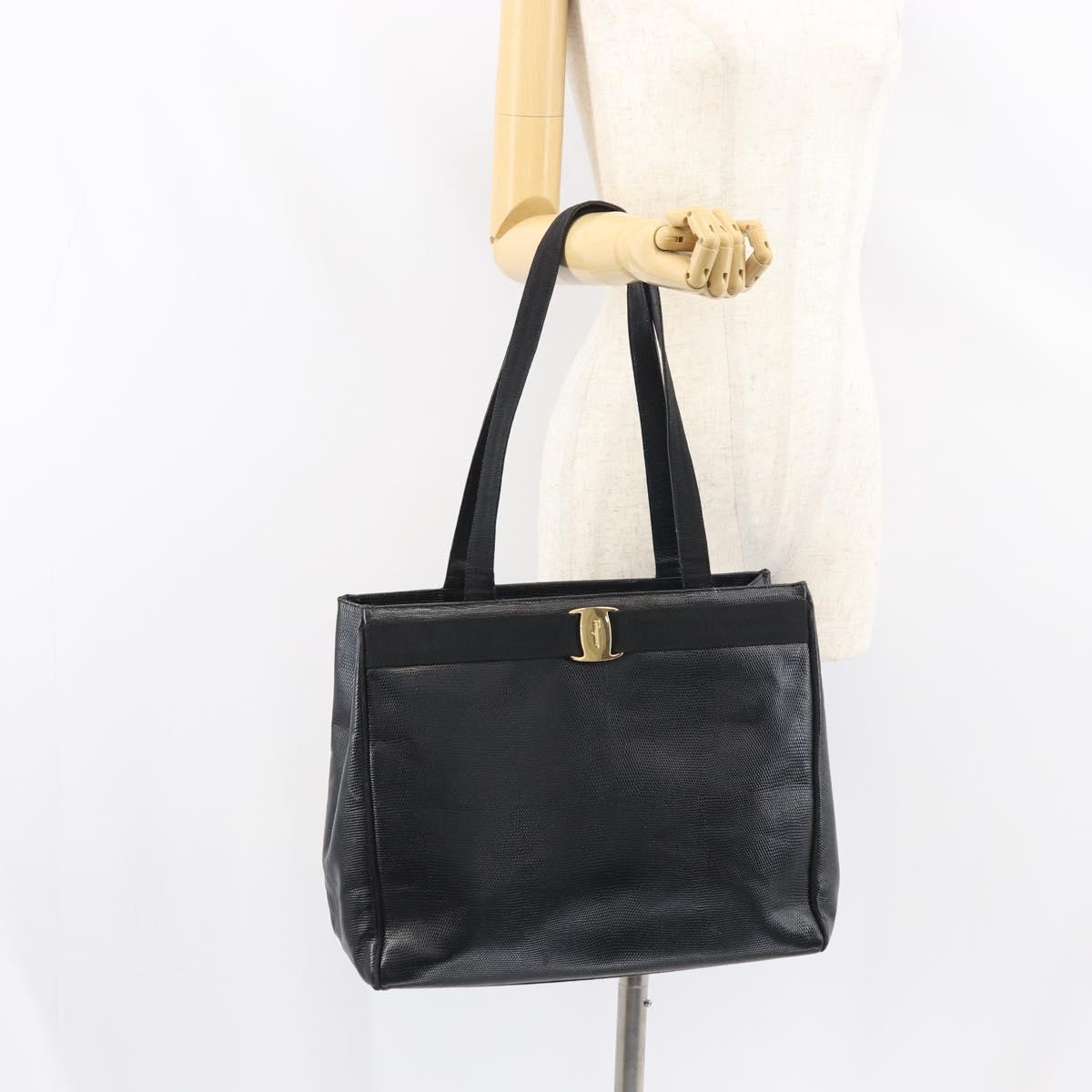 Salvatore Ferragamo Vala Tote Bag Leather Black Gold Auth BA8688