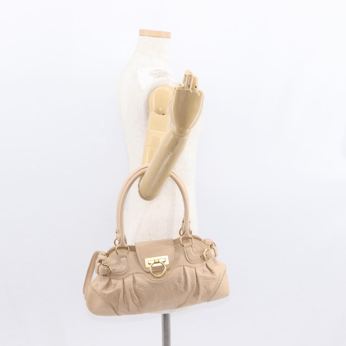 Salvatore Ferragamo Gancini Hand Bag Leather Beige Gold Auth BA8692
