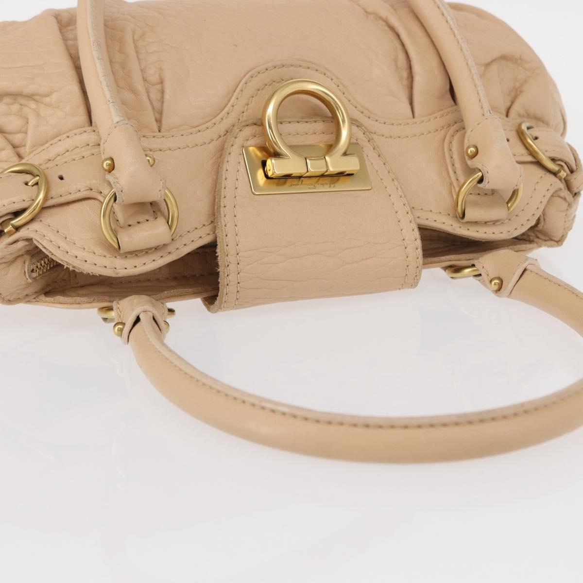 Salvatore Ferragamo Gancini Hand Bag Leather Beige Gold Auth BA8692
