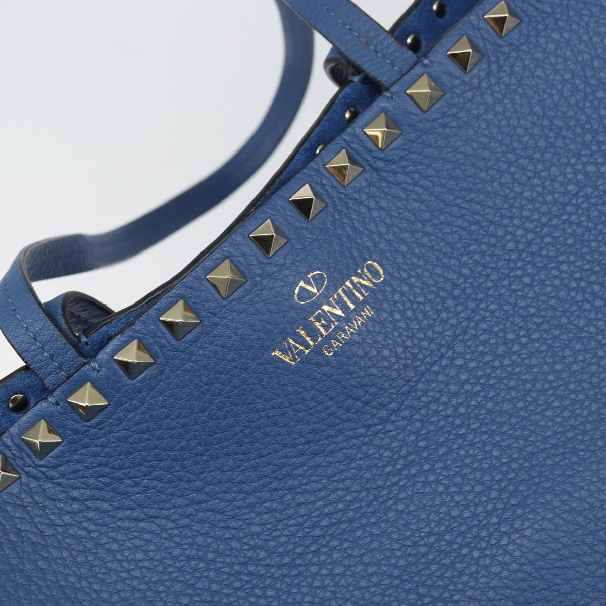 VALENTINO Studs Tote Bag Leather Blue Silver Auth BA8693