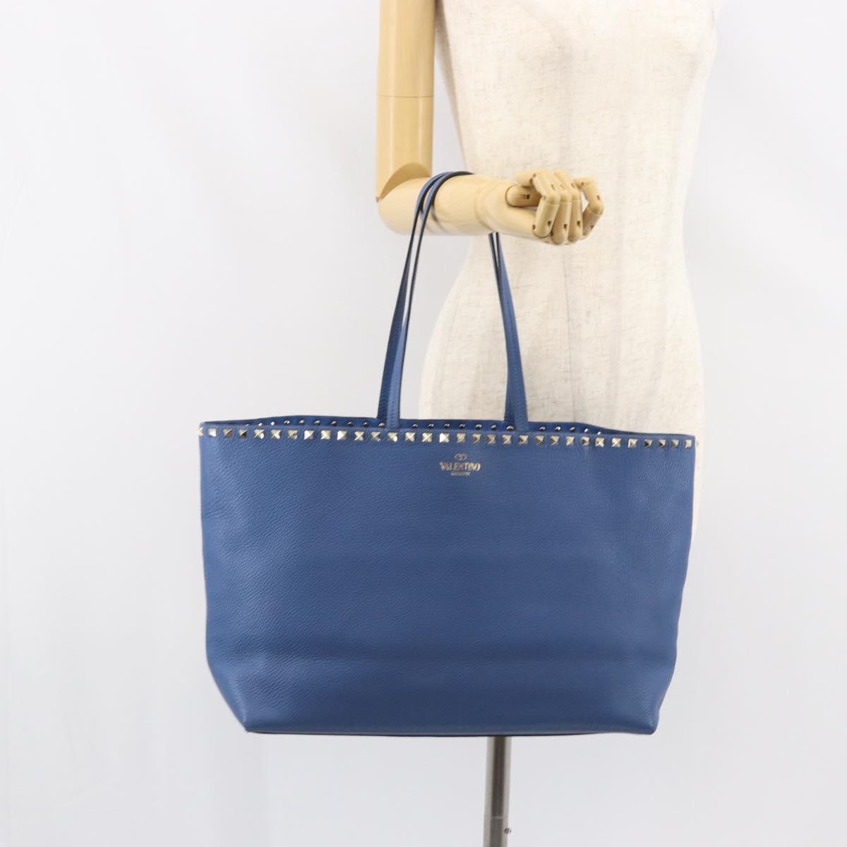 VALENTINO Studs Tote Bag Leather Blue Silver Auth BA8693