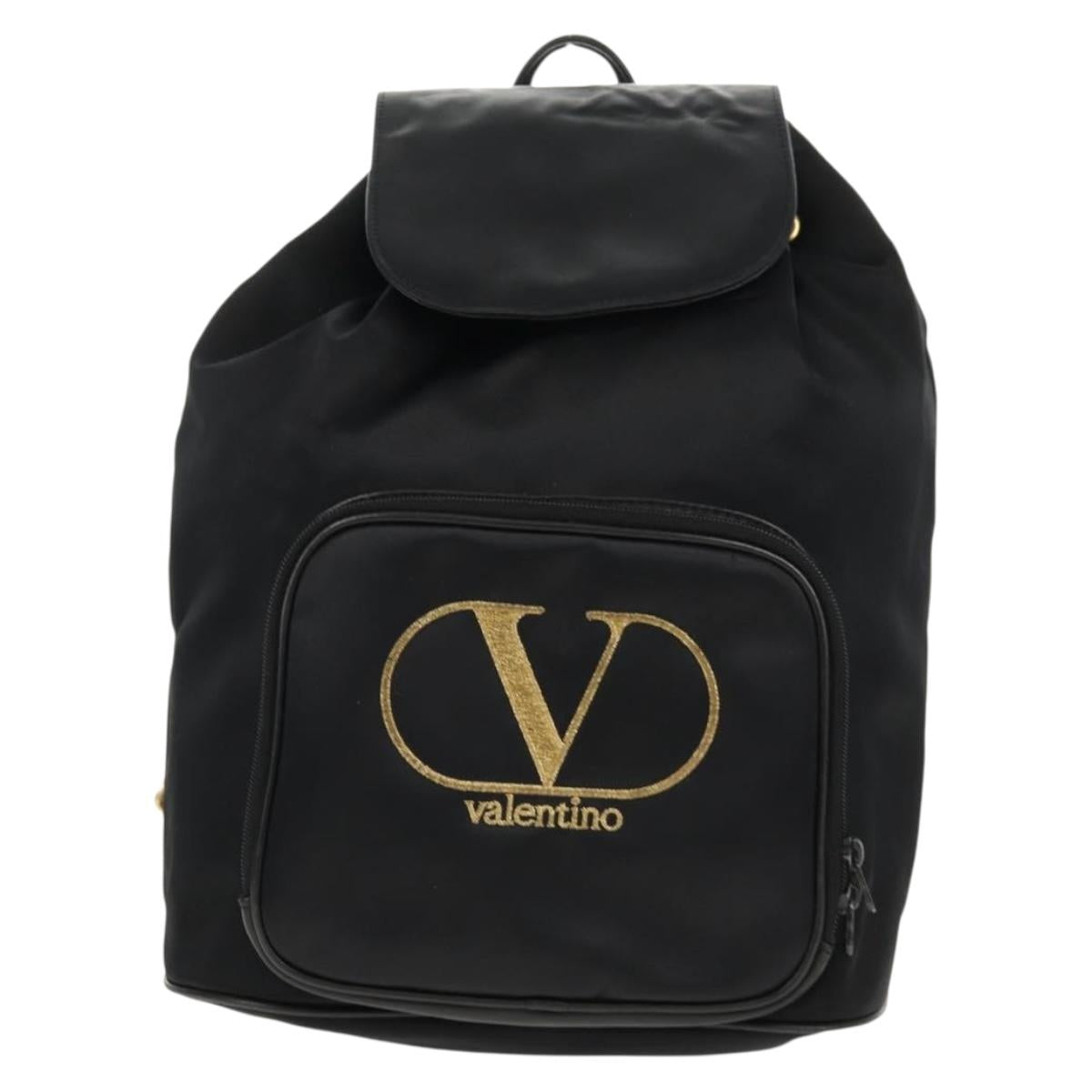 VALENTINO Backpack Nylon Leather Black Gold Auth BA8694