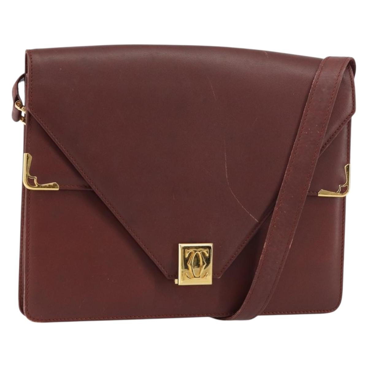 CARTIER Must Line Shoulder Bag Leather Bordeaux Gold Auth BA8699