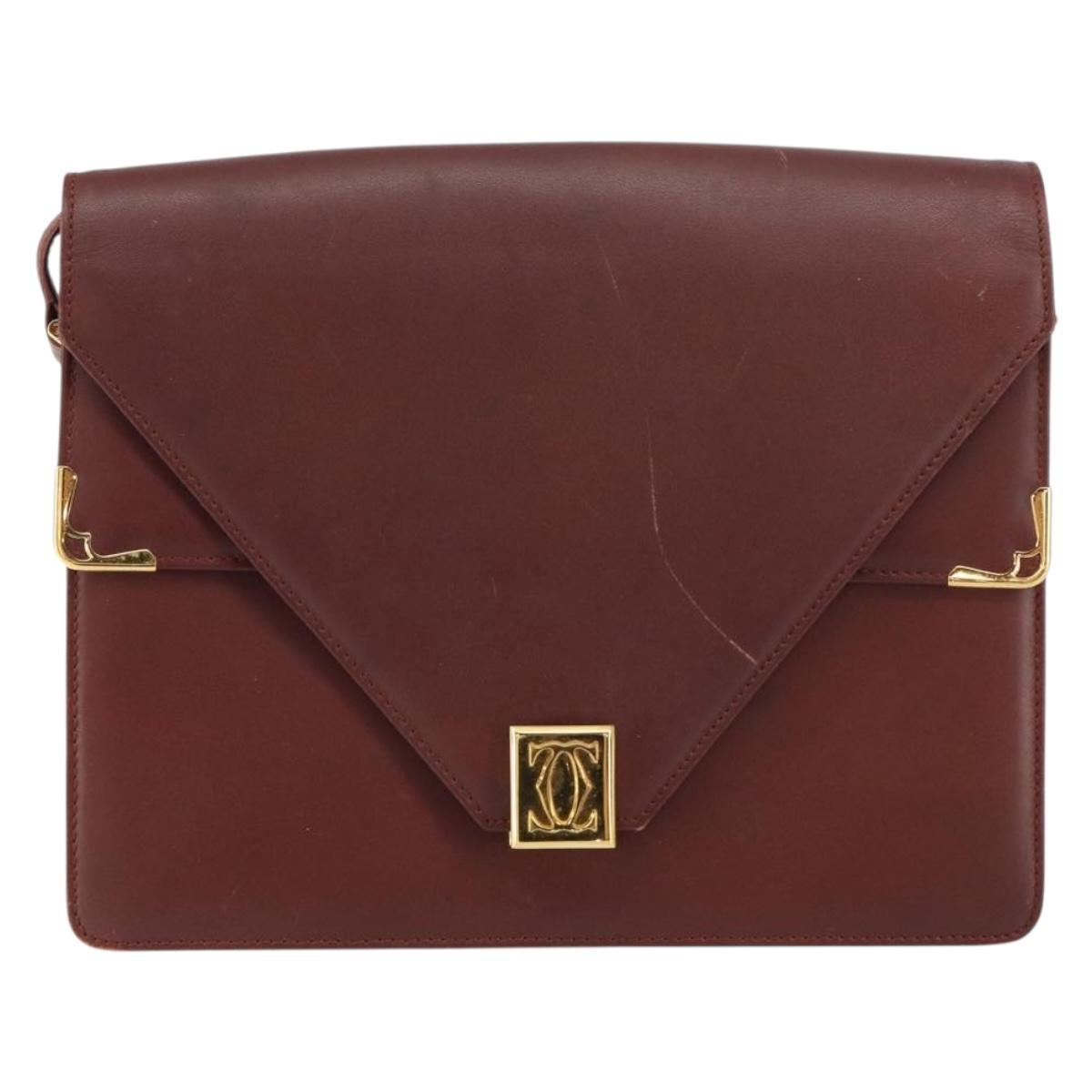 CARTIER Must Line Shoulder Bag Leather Bordeaux Gold Auth BA8699