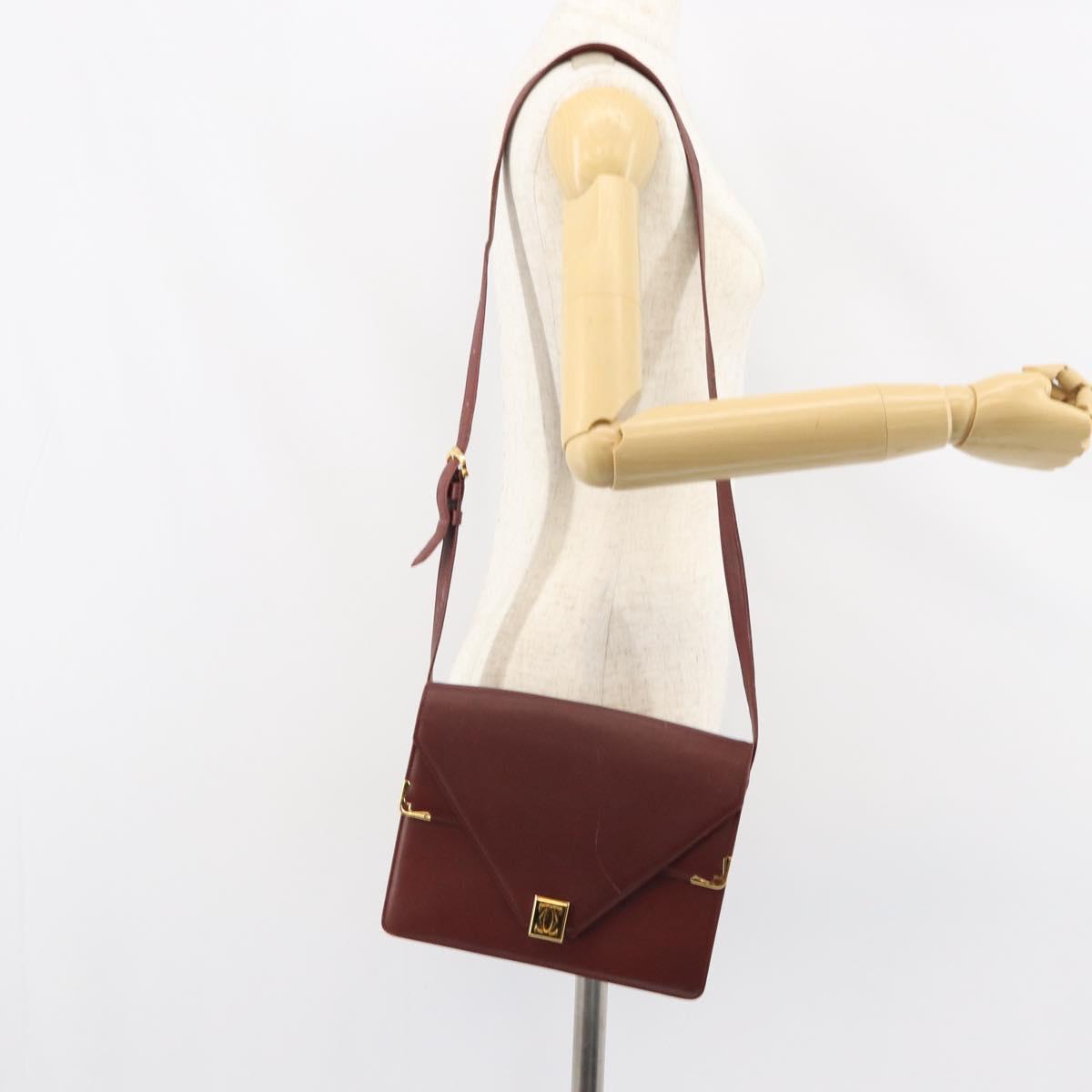 CARTIER Must Line Shoulder Bag Leather Bordeaux Gold Auth BA8699