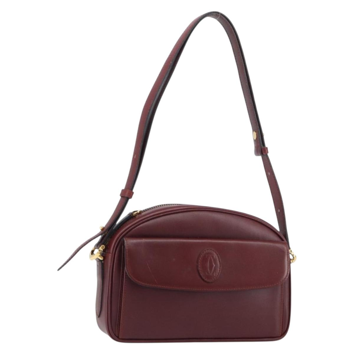 CARTIER Must Line Shoulder Bag Leather Bordeaux Gold Auth BA8700