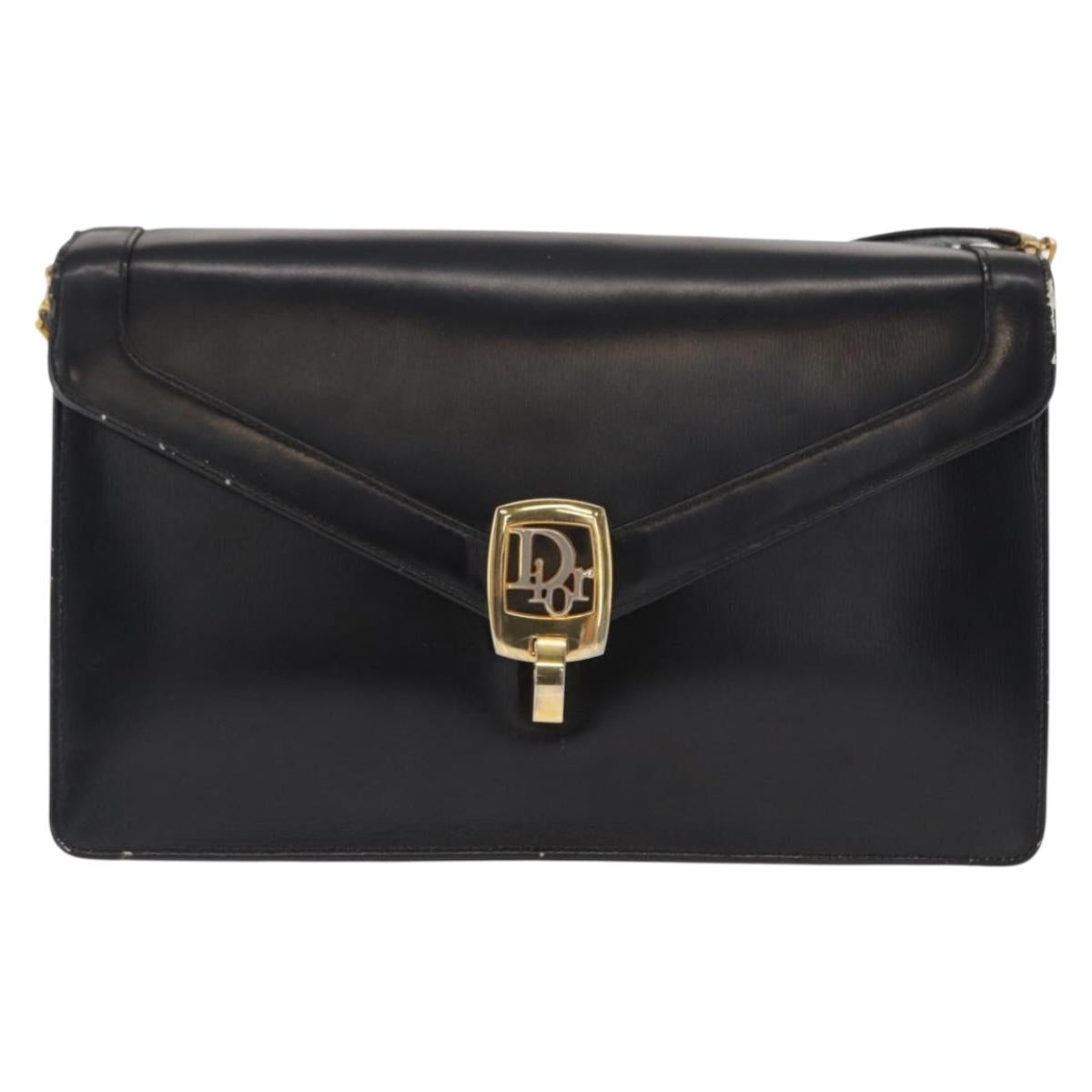 Christian Dior Shoulder Bag Leather Black Gold Auth BA8701
