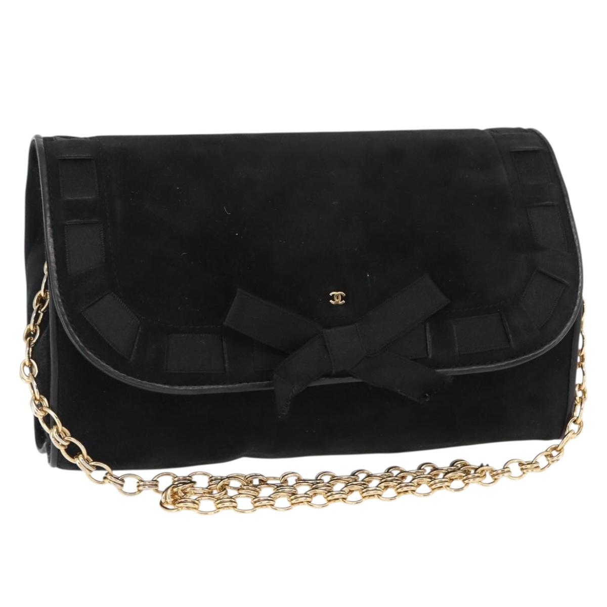 CHANEL Chain Shoulder Bag Suede Black Gold CC Auth BA8703