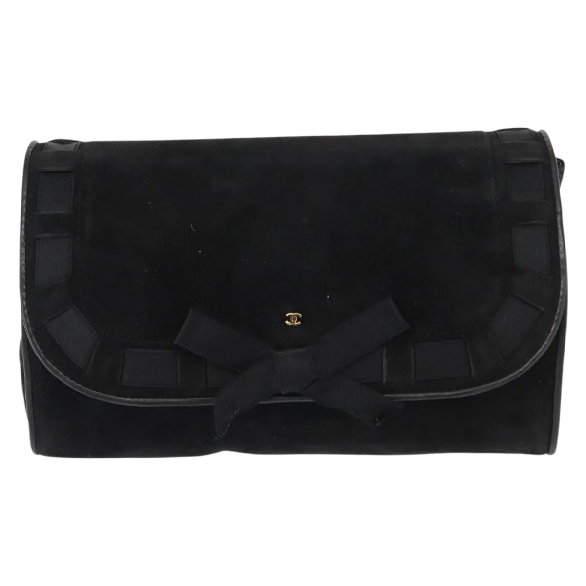 CHANEL Chain Shoulder Bag Suede Black Gold CC Auth BA8703