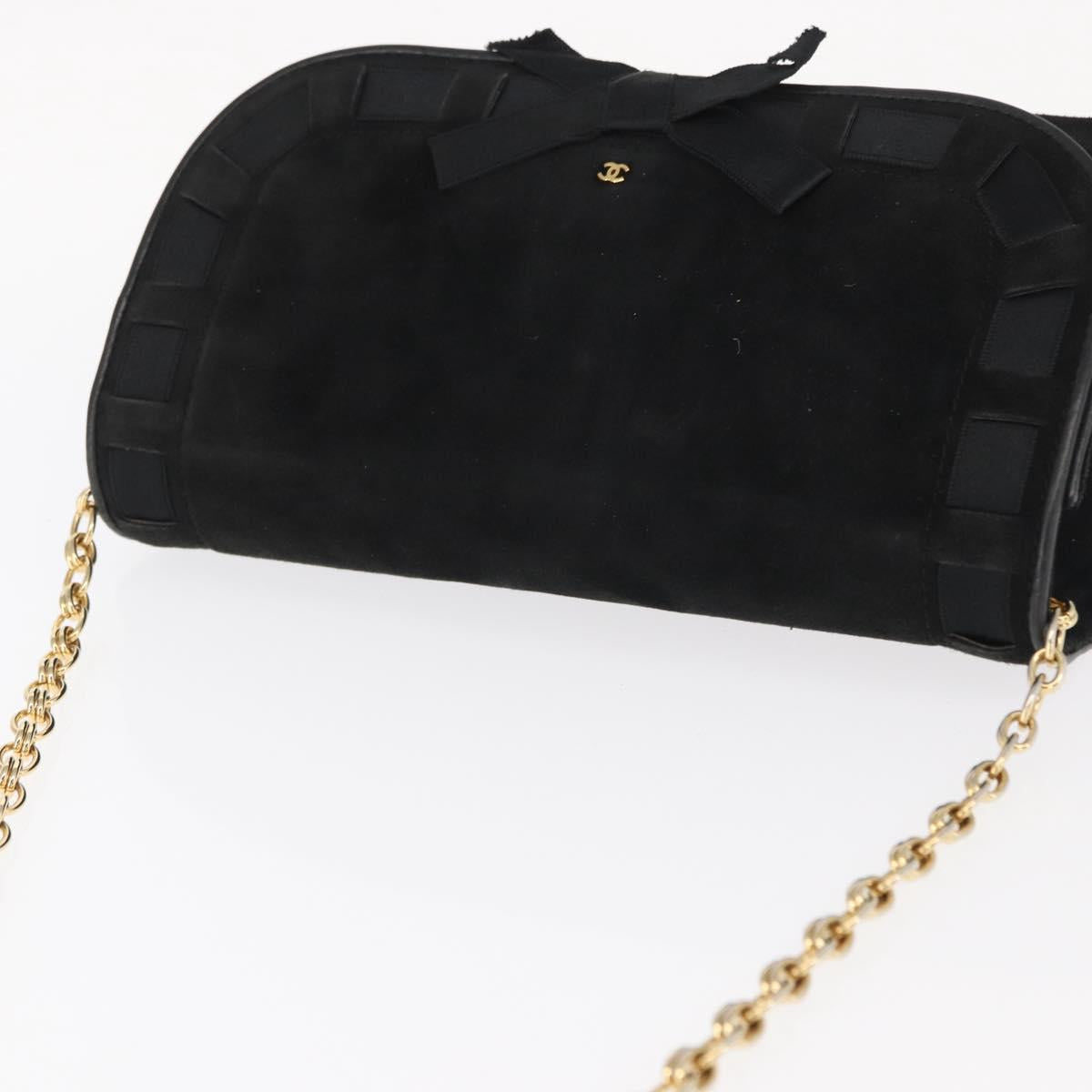 CHANEL Chain Shoulder Bag Suede Black Gold CC Auth BA8703