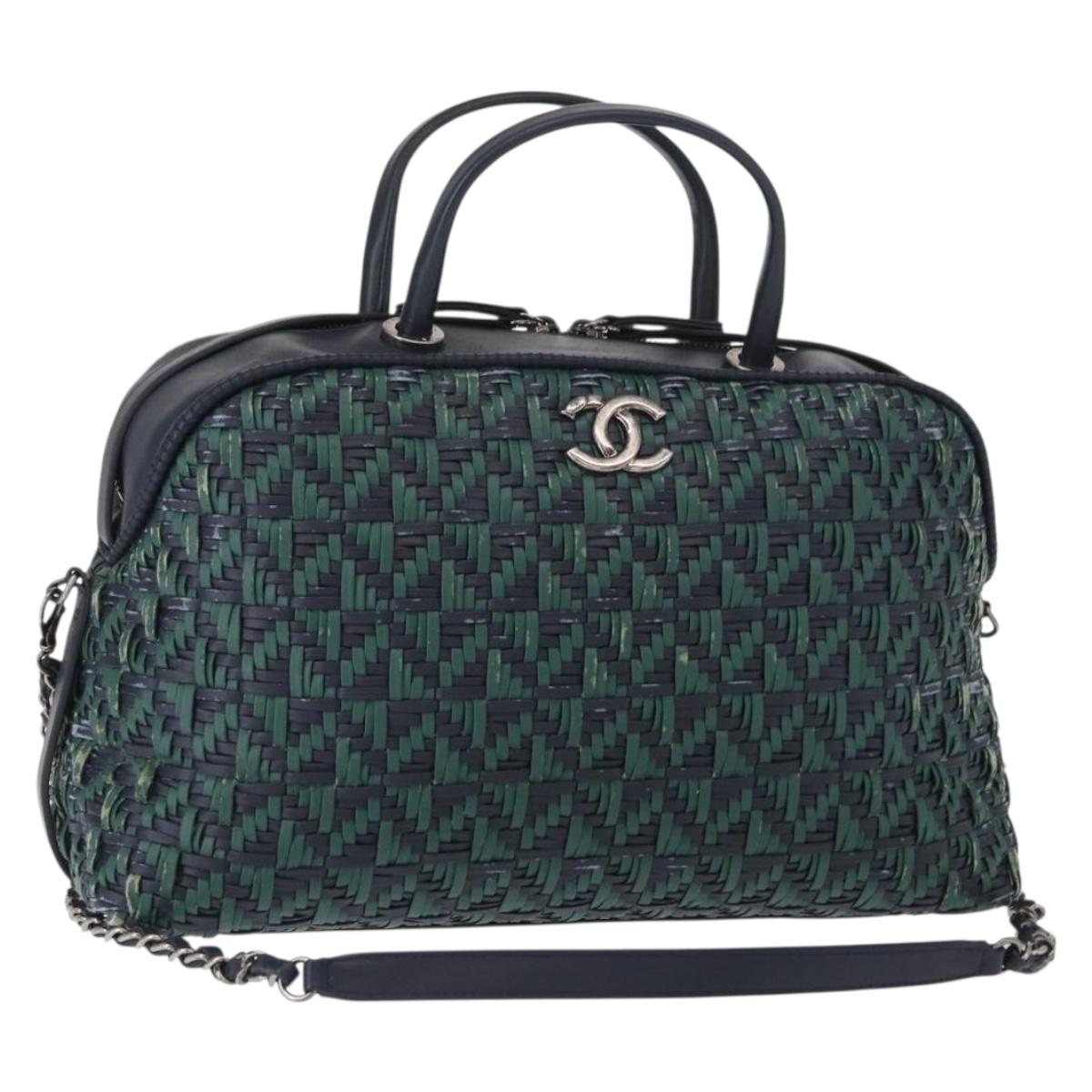 CHANEL Hand Bag Leather 2way Green CC Auth BA8704