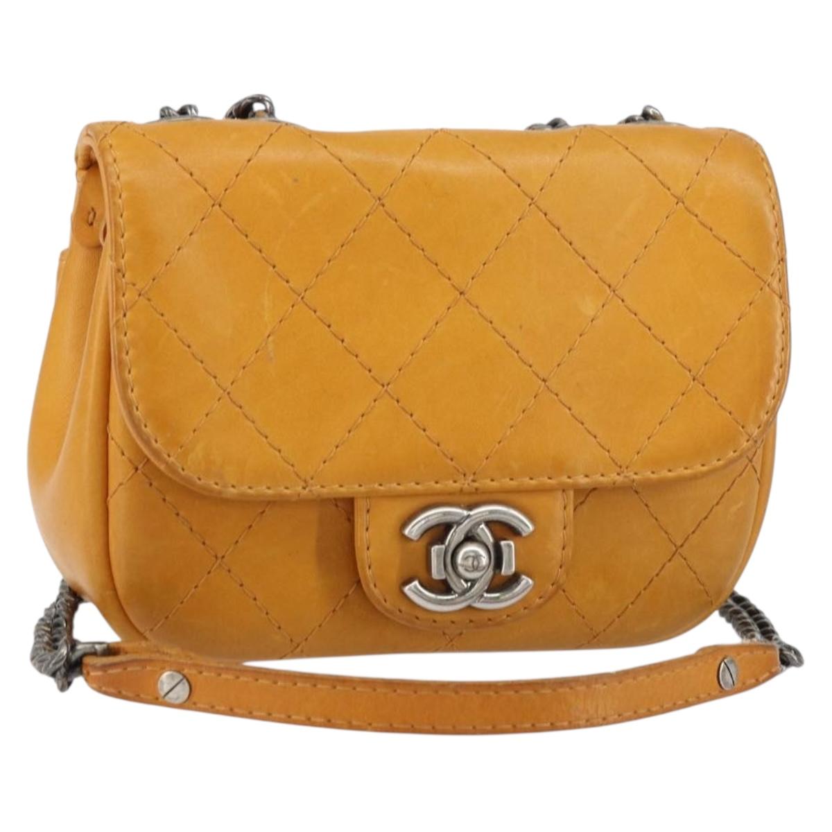 CHANEL Matelasse Chain Shoulder Bag Leather Orange CC Auth BA8705