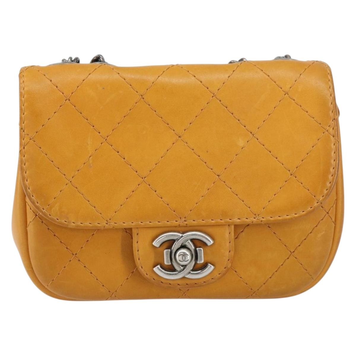 CHANEL Matelasse Chain Shoulder Bag Leather Orange CC Auth BA8705