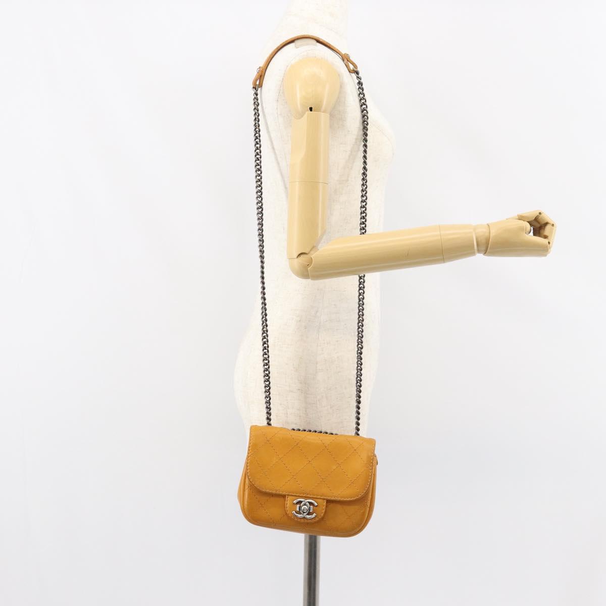 CHANEL Matelasse Chain Shoulder Bag Leather Orange CC Auth BA8705