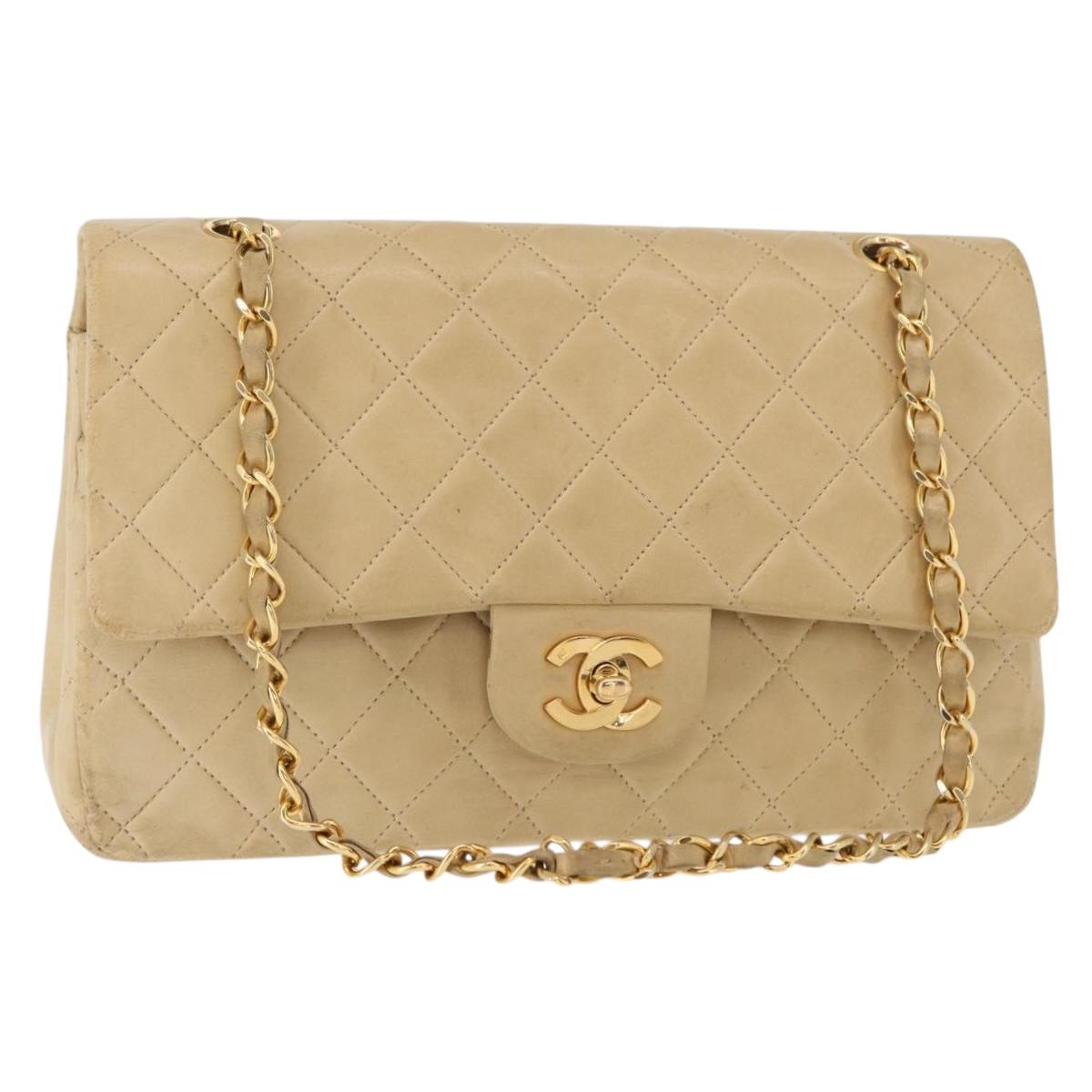 CHANEL Matelasse 25 Chain Shoulder Bag Lamb Skin Beige Gold CC Auth BA8707