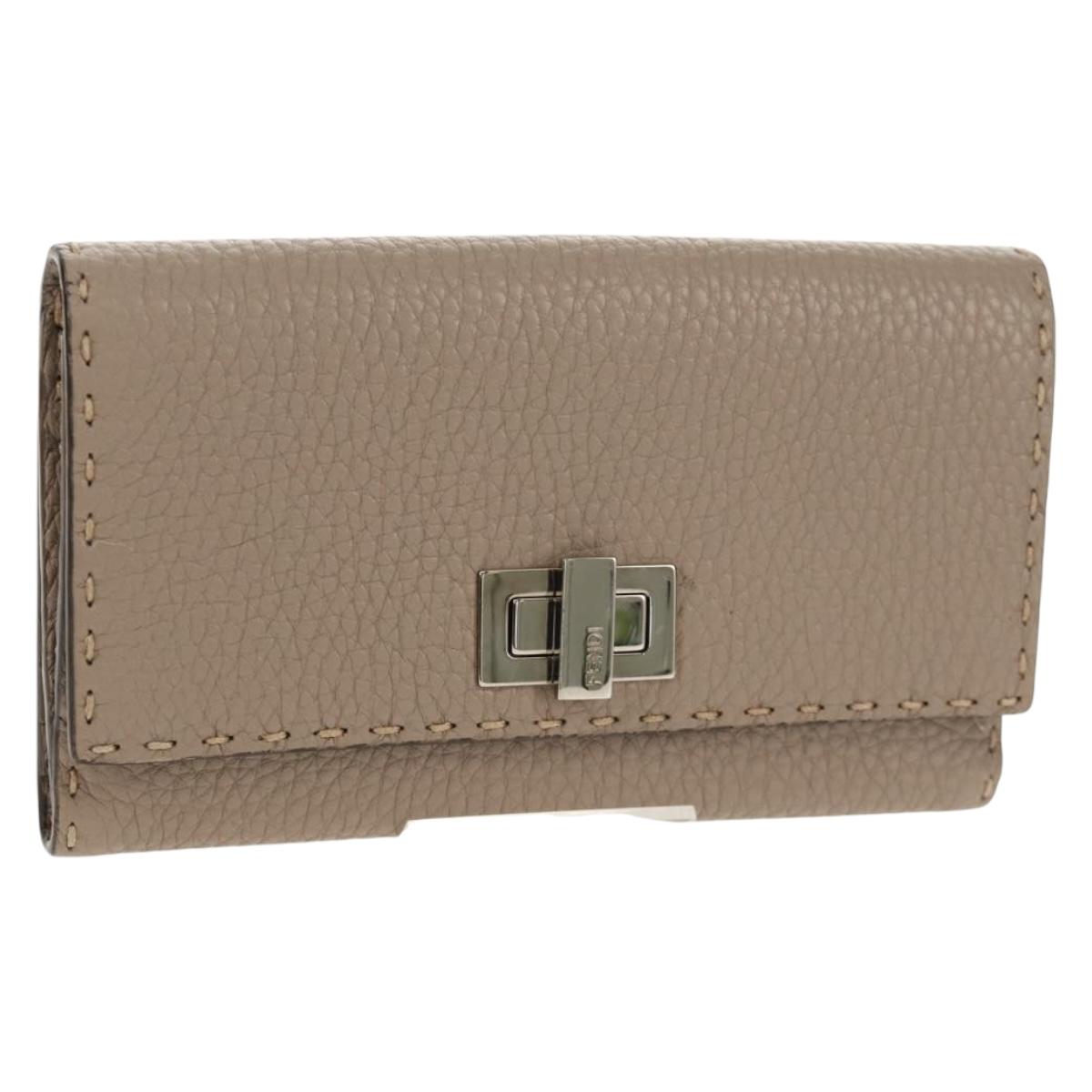 FENDI Seleria Peek A Boo Long Wallet Leather Beige Silver Auth BA8709V