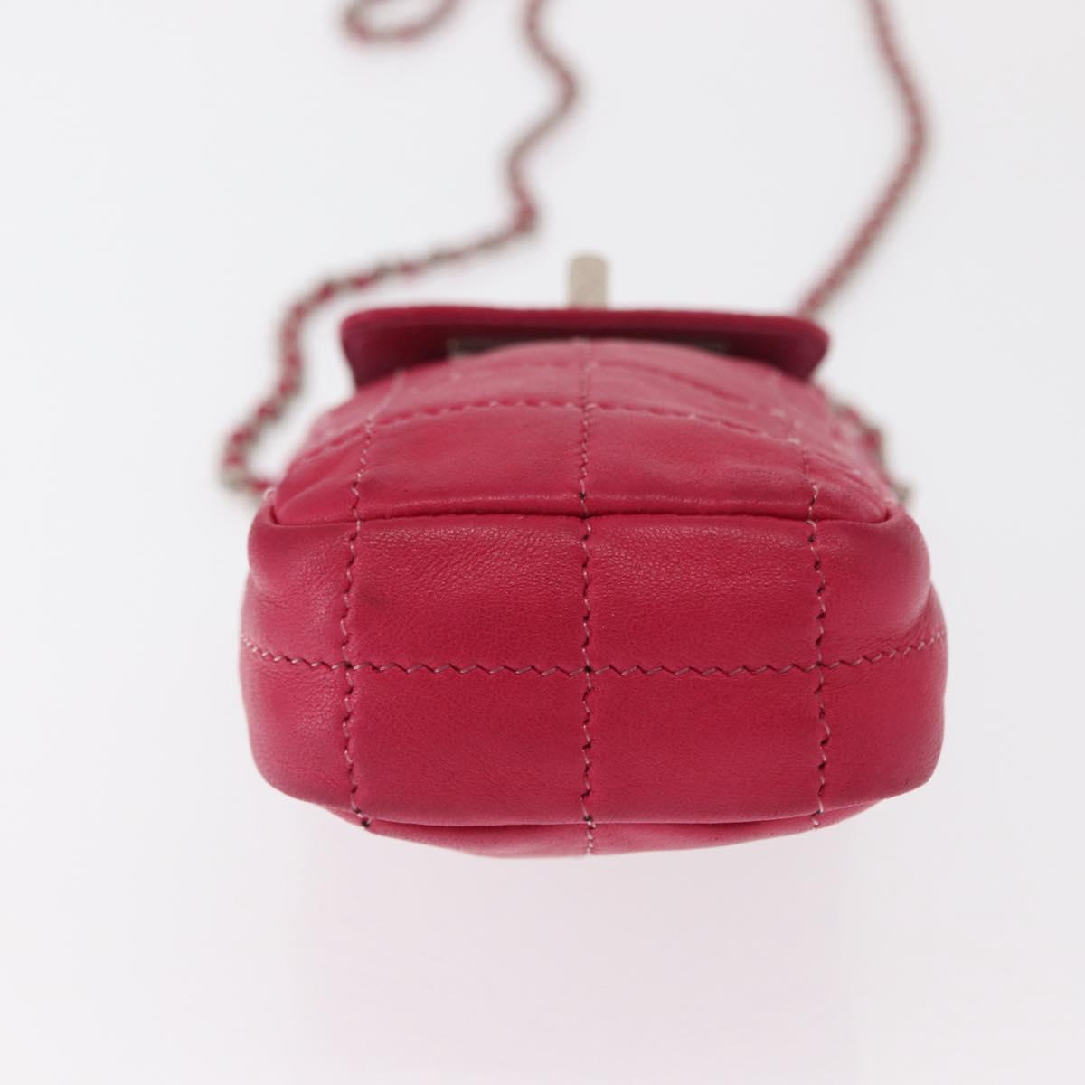 CHANEL Choco Bar line Chain Shoulder Bag Leather Pink Silver CC Auth BA8714