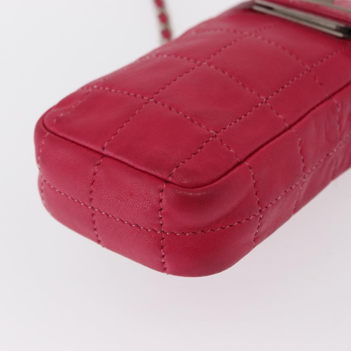 CHANEL Choco Bar line Chain Shoulder Bag Leather Pink Silver CC Auth BA8714