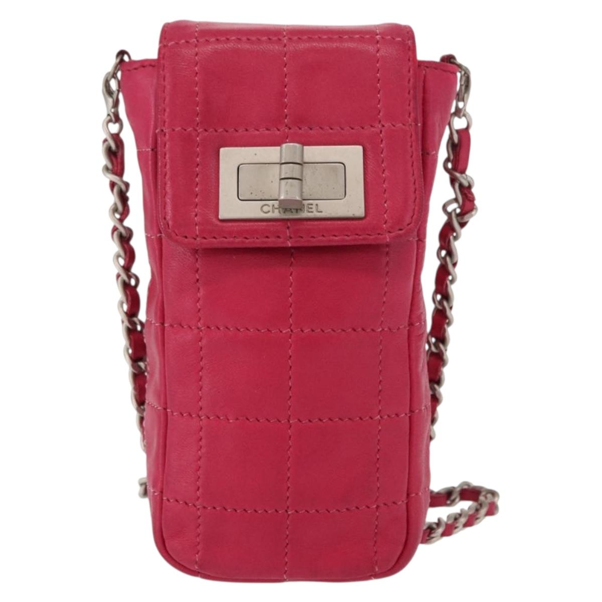 CHANEL Choco Bar line Chain Shoulder Bag Leather Pink Silver CC Auth BA8714