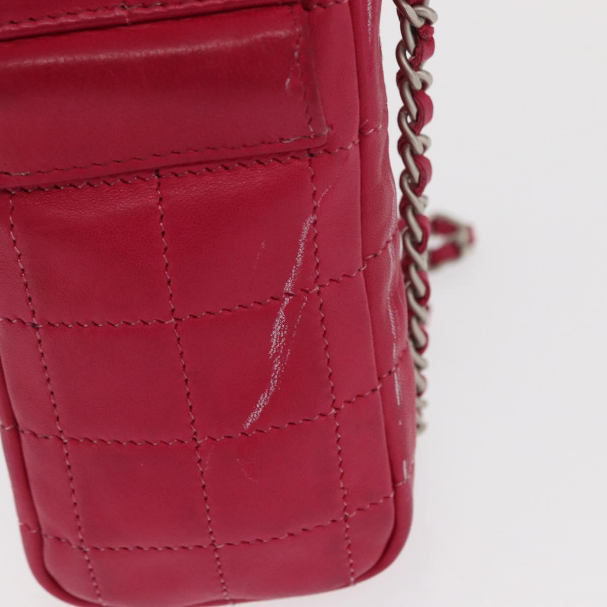 CHANEL Choco Bar line Chain Shoulder Bag Leather Pink Silver CC Auth BA8714